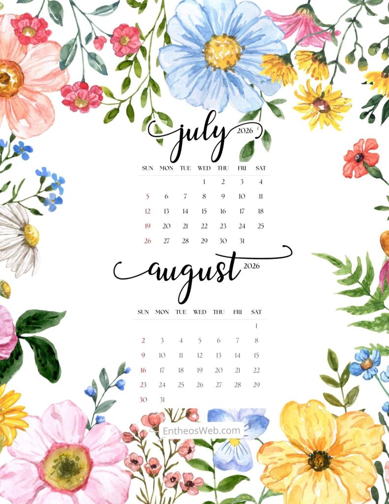 Watercolor floral calendar page for julyaugust 2026 with days of the week and dates framed by colorful flowers around the edges 2 month   july august 2026 calendar pretty flowers8 5 x 11 in
